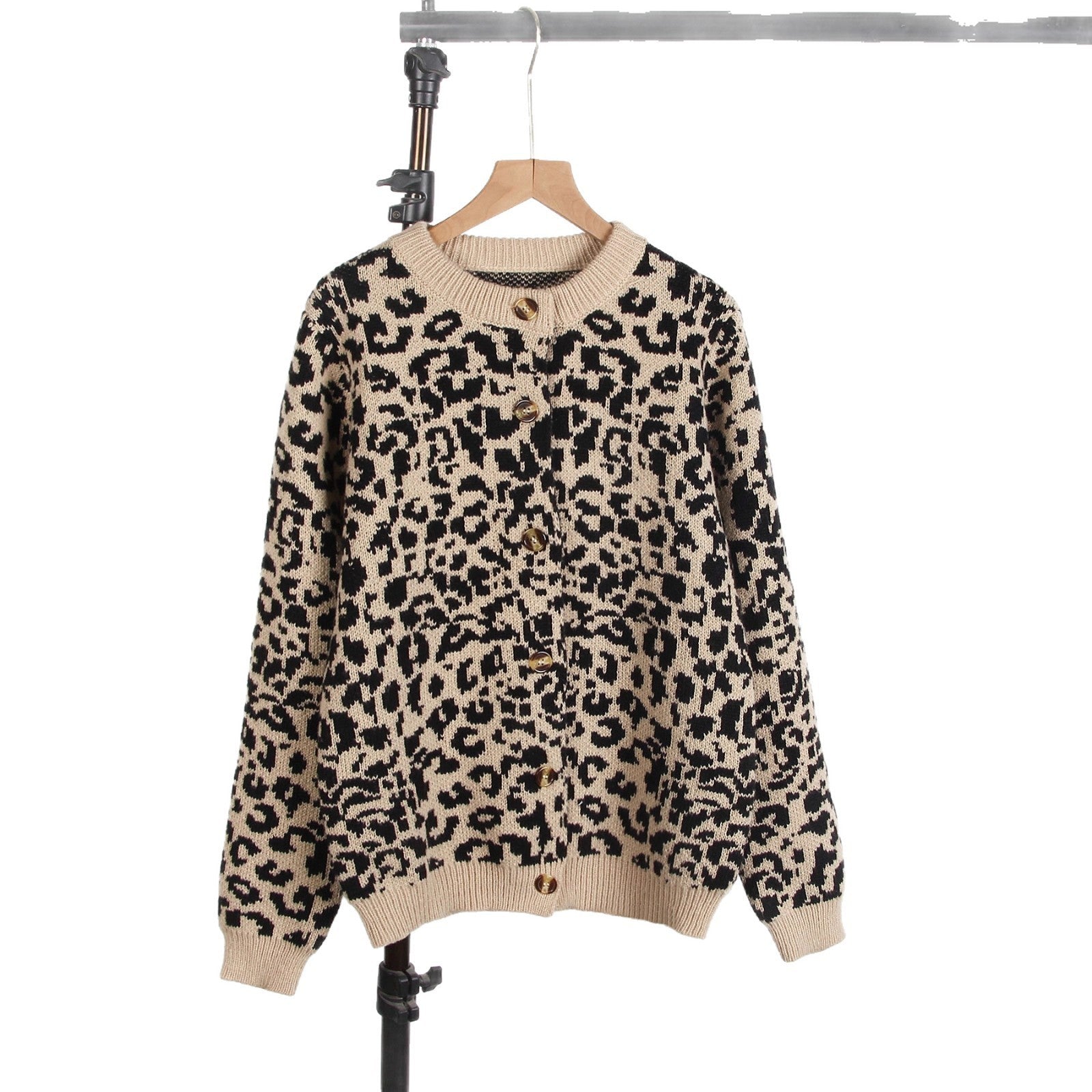 Knitted Round Neck Long Sleeve Leopard-print Sweater Cardigan