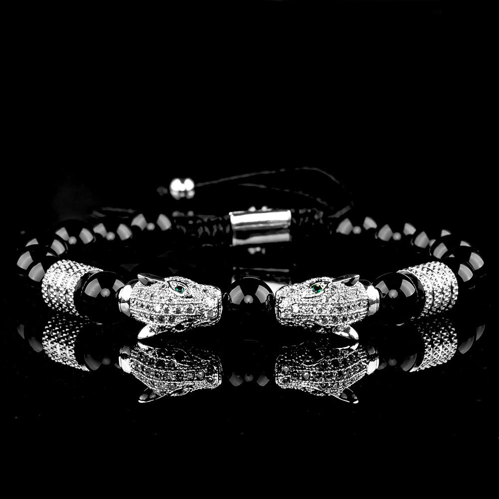 Vintage Leopardenkopf Achat gewebtes Armband