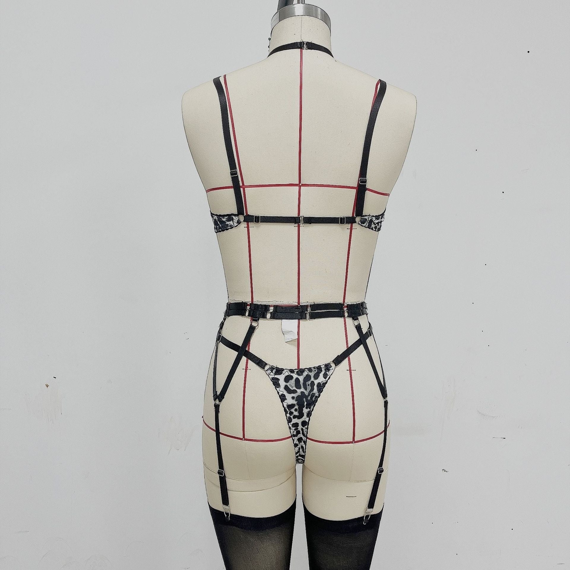 Sexy Dünner Schnür-BH Anzug Korsett Leopard Print Unterwäsche