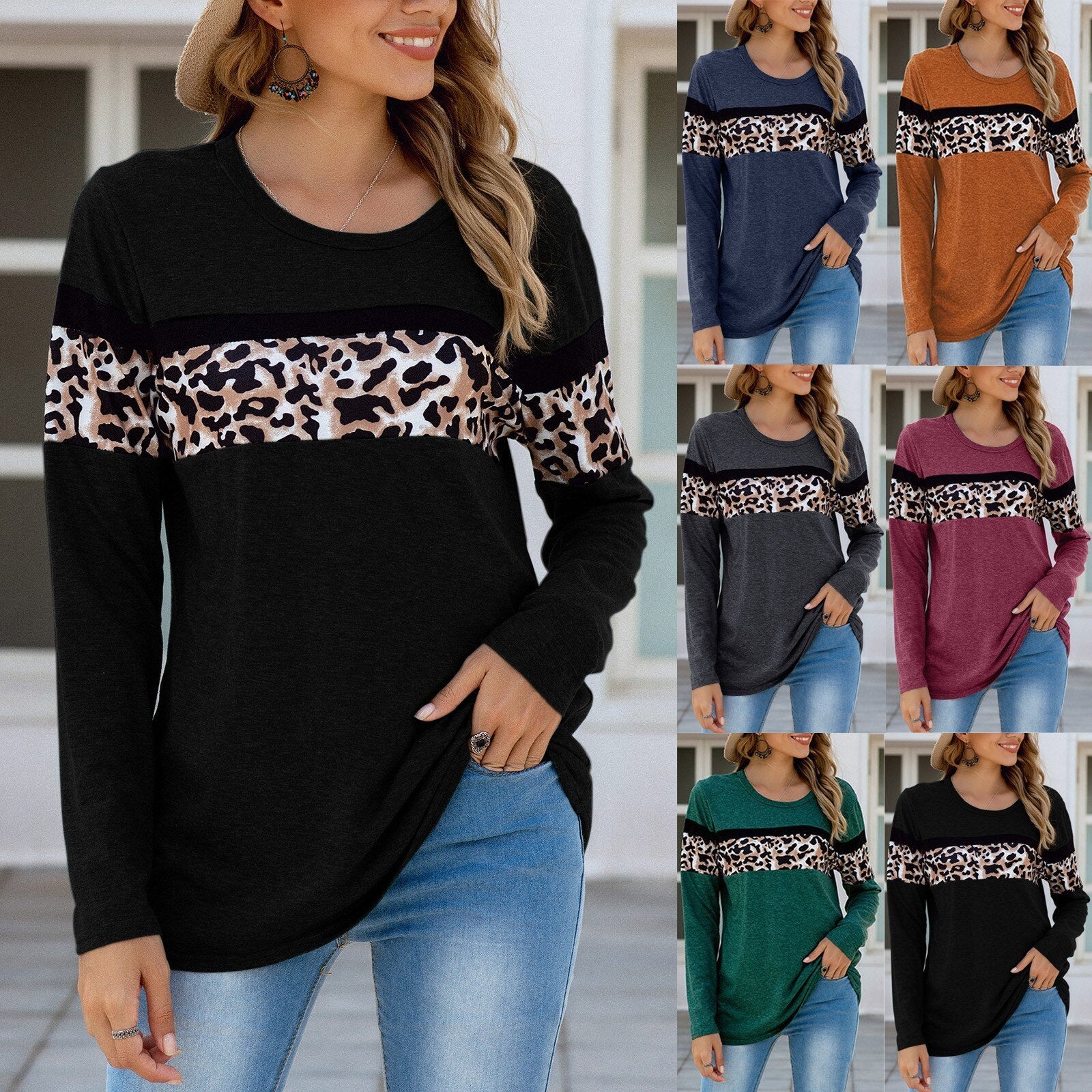 Langarm-T-Shirt mit Leopard Style und Nähten