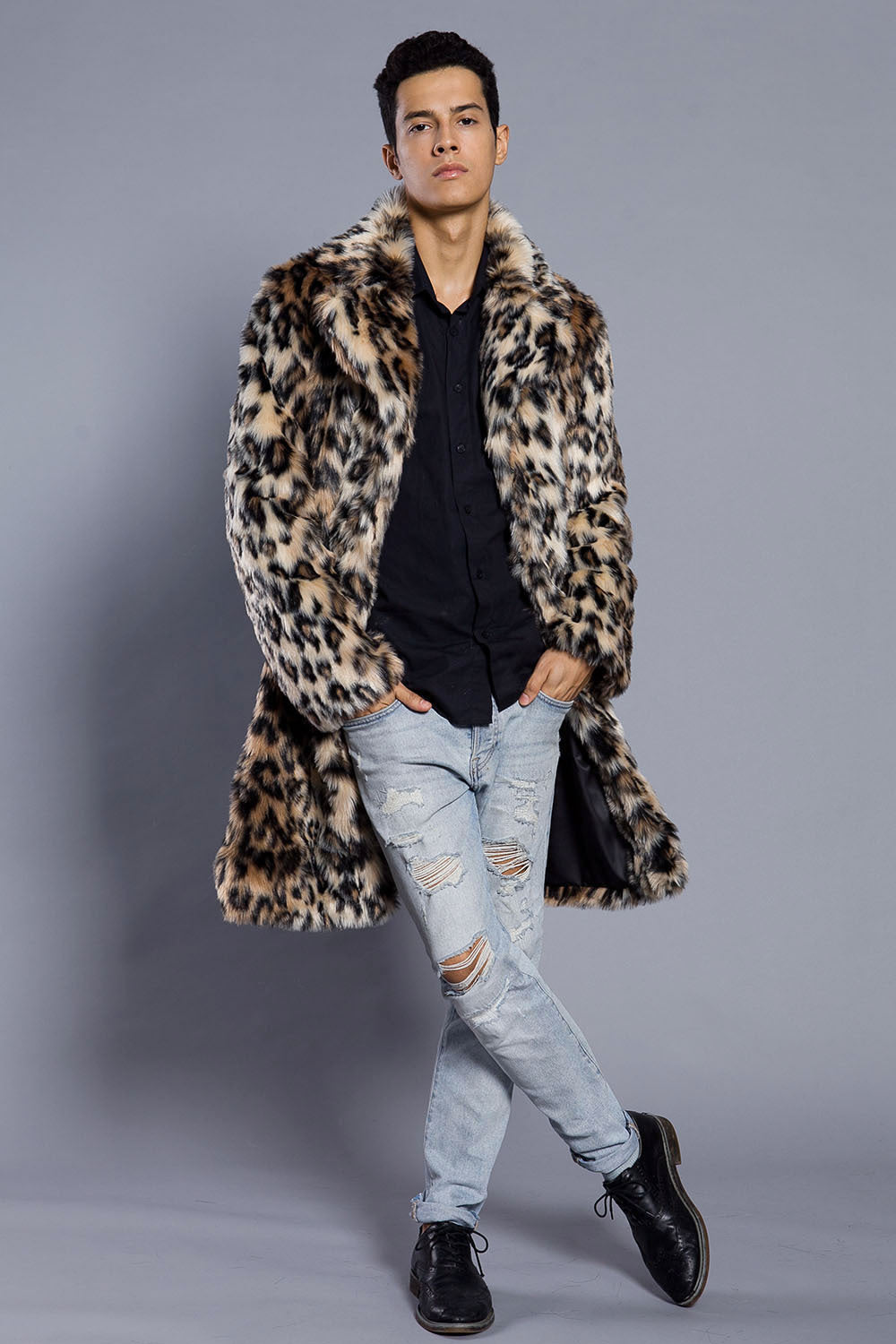 Europe And The United States Leopard Color Fur Men's Suit Collar Collar Coat Popular Warm Coat Men