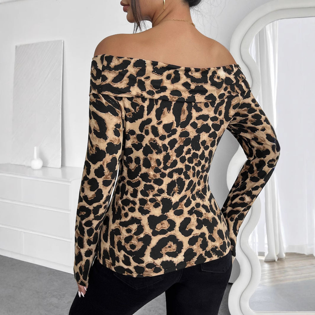 Ladies Sexy Leopard Print Off-shoulder Long Sleeve T-shirt for Her