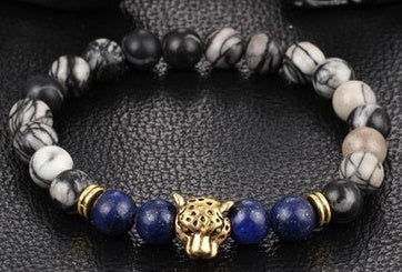 Leopard Round Bead Armband Herrenarmband Perlen Vulkanstein
