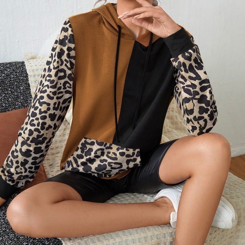 Casual Leopard Print Color Block Long Sleeve Round Neck Hoodie