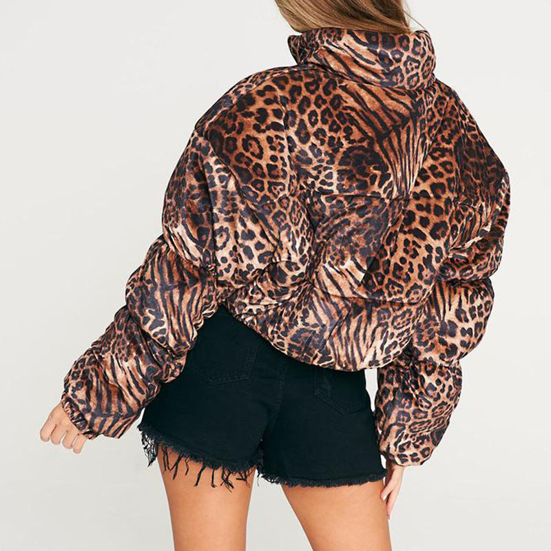 Leopard print high neck warm short coat