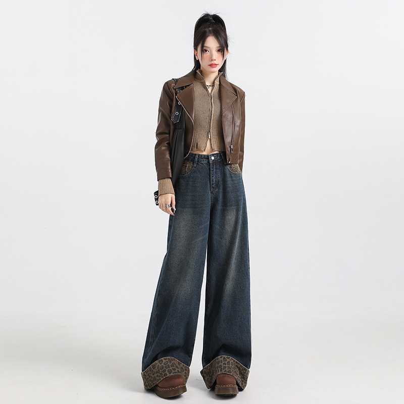 Leopard-print Curling Niche Design Stitching Jeans