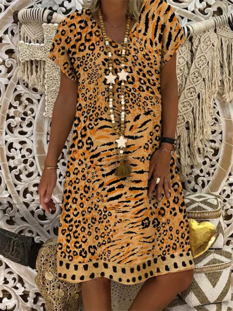 Leopard Print Mode Kurzarm V-Ausschnitt Kleid Frauen