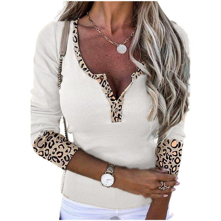 Leopard Style Spleißen V-Ausschnitt Knopf Top Sexy Slim Fit T-shirt