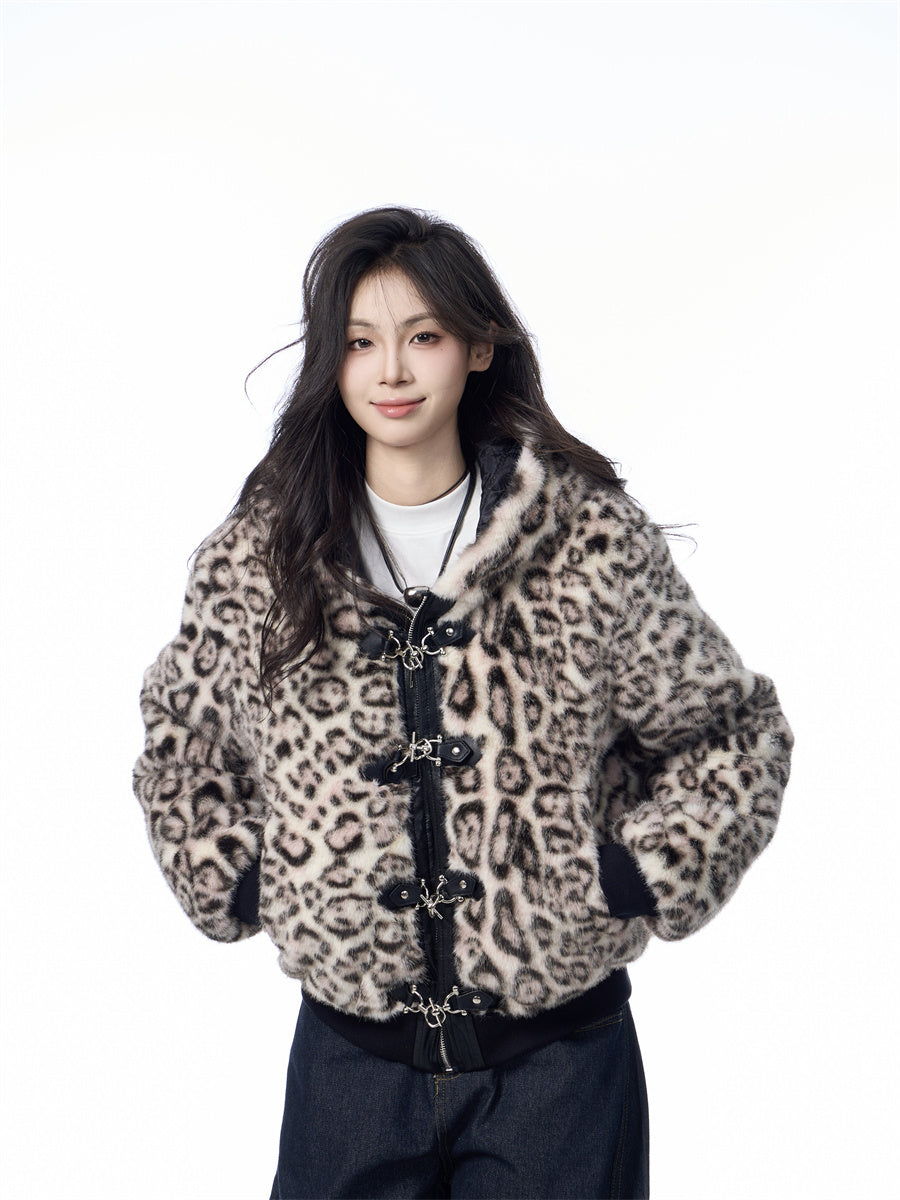 Hooded Jacket Women's Loose Thick Leopard Print Full Print Design Street Coat