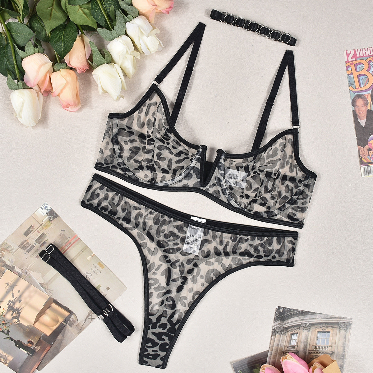 Damenmode Deep V Bequeme Leopard Print Unterwäsche Anzug mit Beinausschnitt Ring