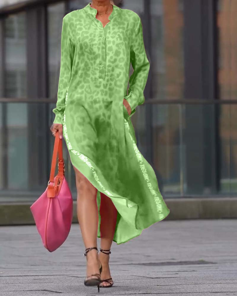 European And American Printed Long Sleeve V-neck Leopard Print Split Pocket Dress