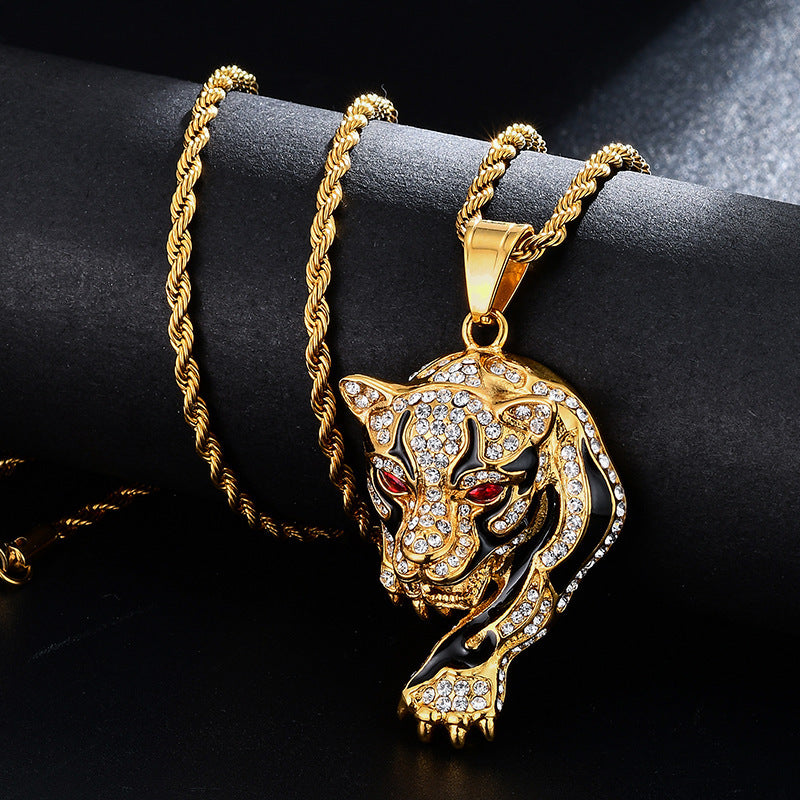 Vergoldete Öltropfen Strass Leopardenkopf Anhänger Halskette