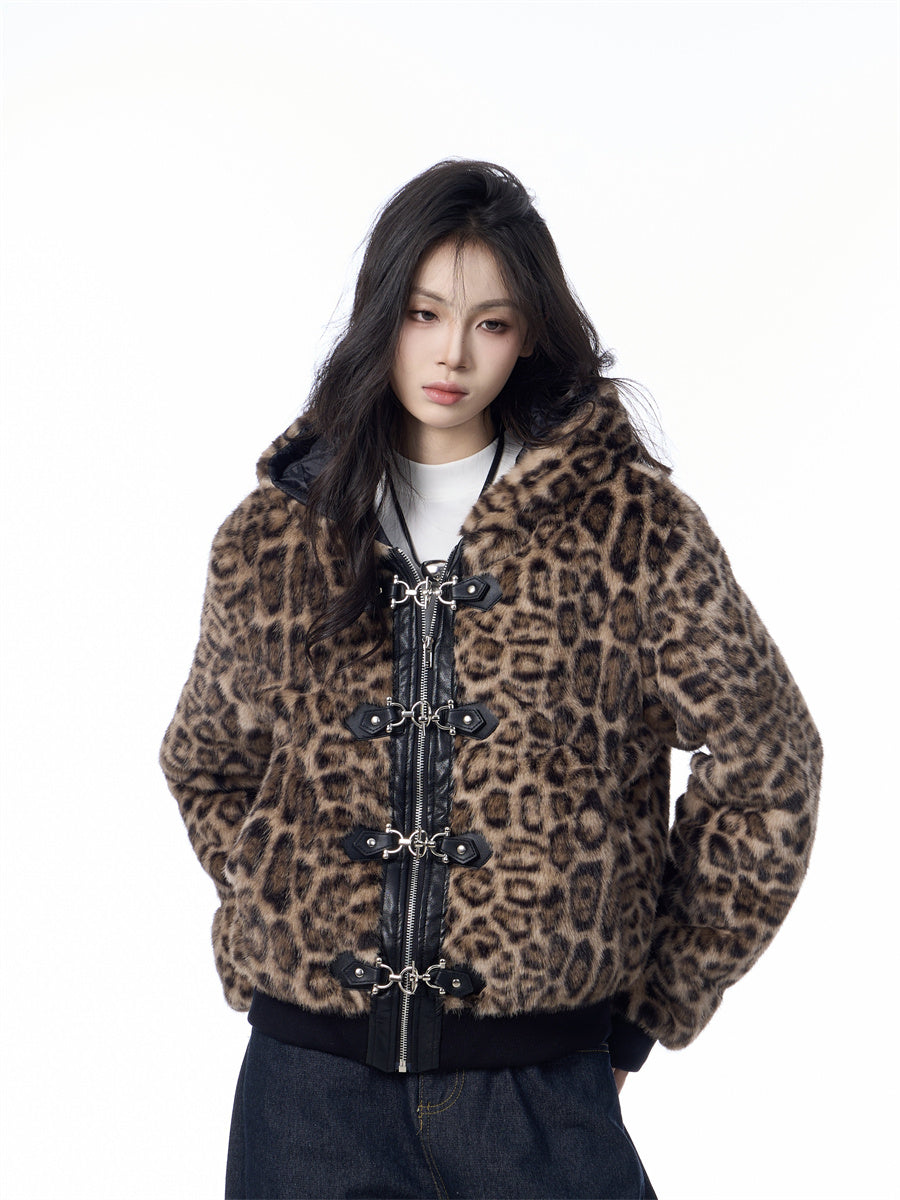Hooded Jacket Women's Loose Thick Leopard Print Full Print Design Street Coat