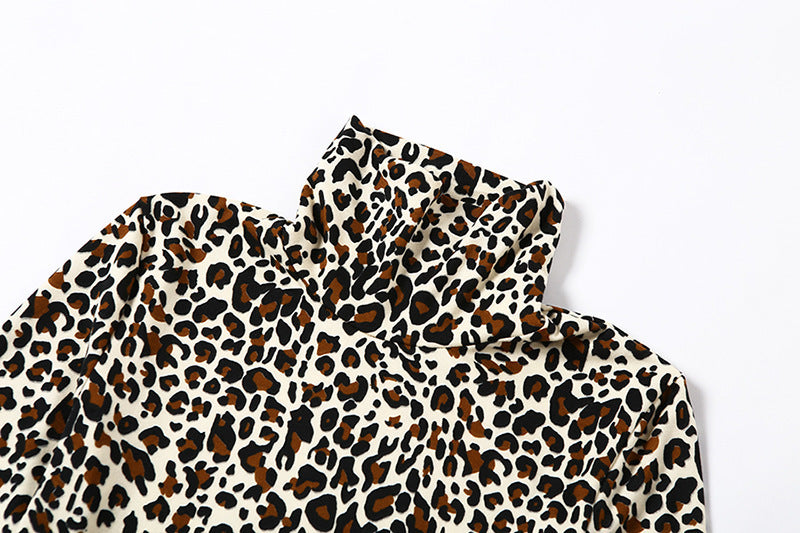 Leopardenmuster Ärmel Langes Fingerkleid