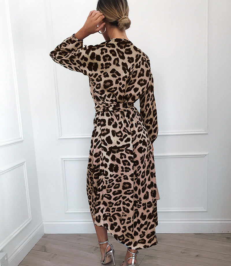 Leopardenmuster Kleid mit V-Ausschnitt und hoher Taille aus Spitze