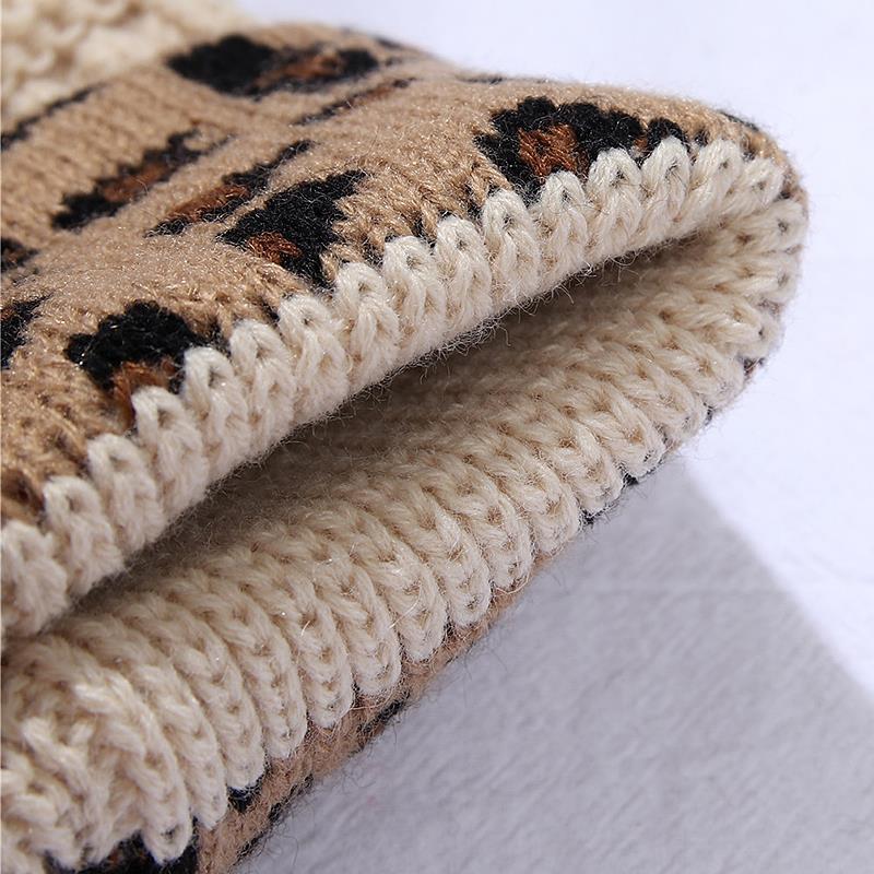 Damen Herbst Winter Leopard Print Cuffed Acryl gestrickt Hut