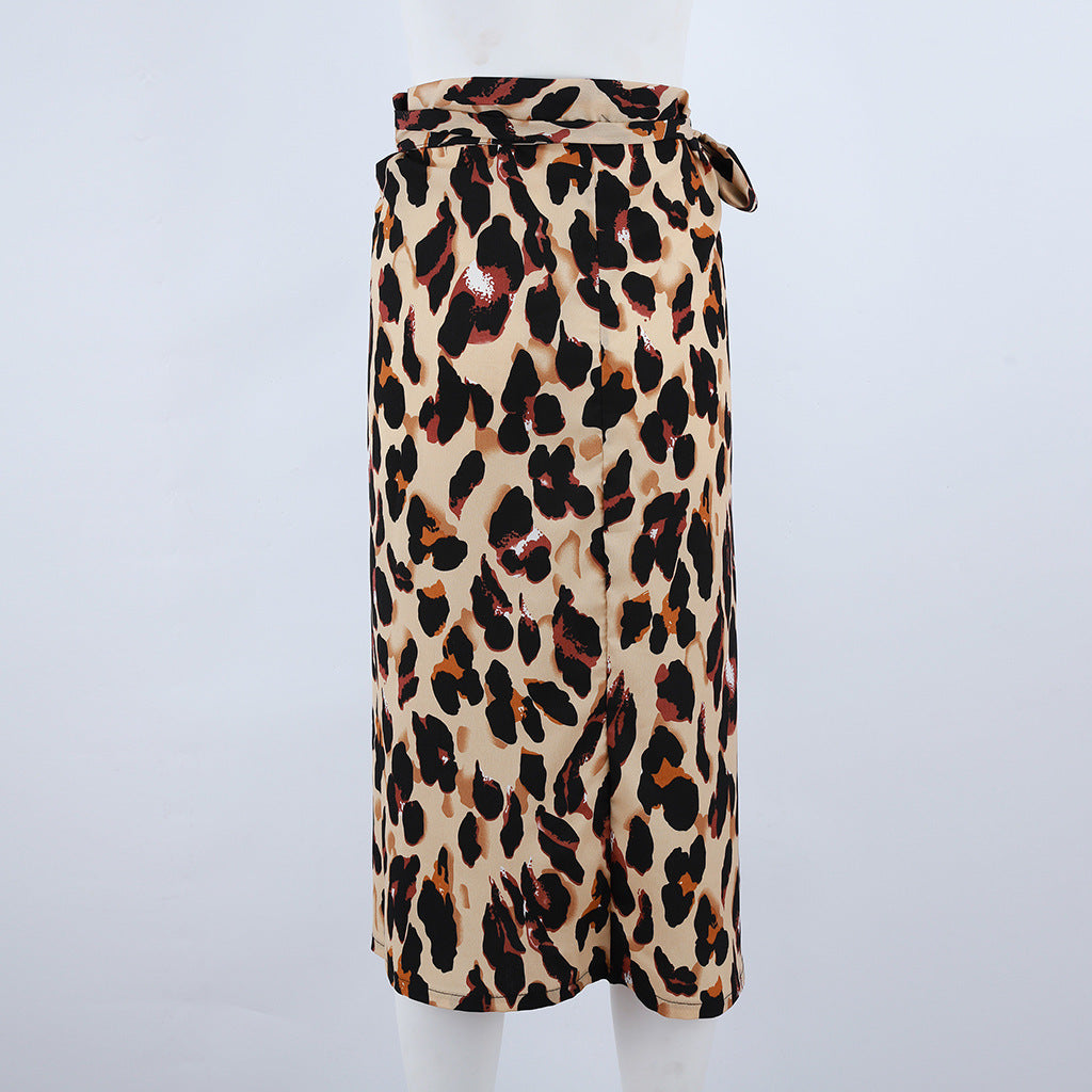 Leopard-print slit waistband skirt