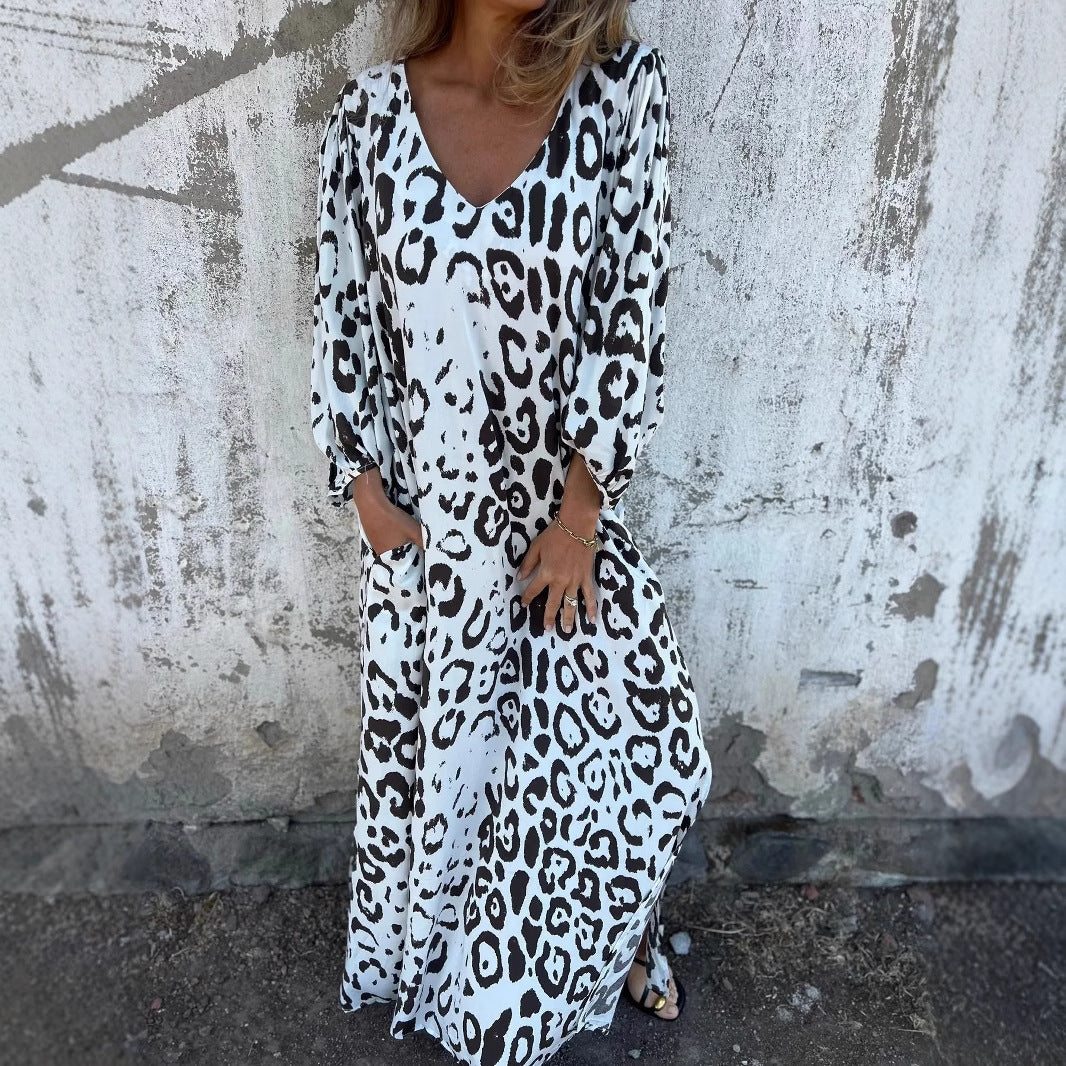 Leopard Print V-neck Printed Long Sleeve Loose Dress Women