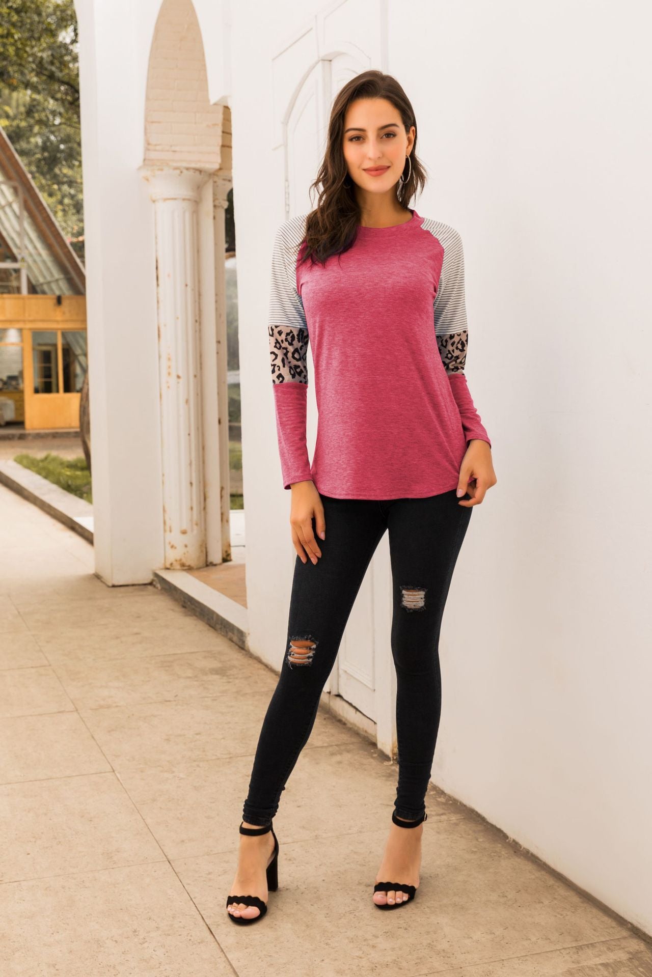 Langärmeliges Paneel Leopard style Lässiges T Shirt Top