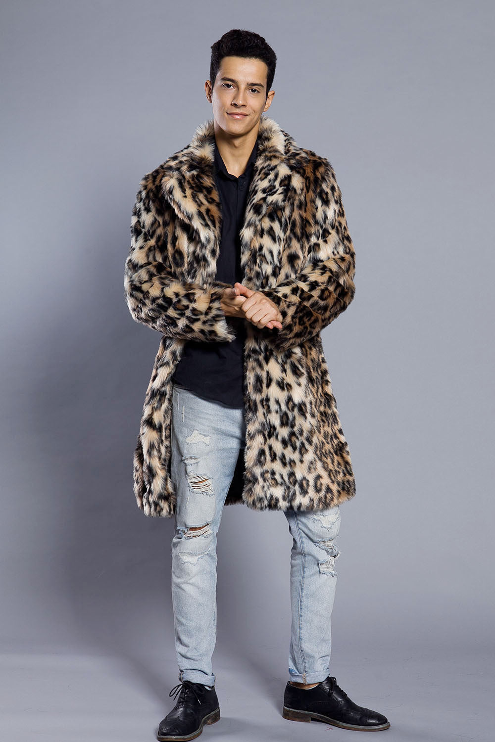 Europe And The United States Leopard Color Fur Men's Suit Collar Collar Coat Popular Warm Coat Men