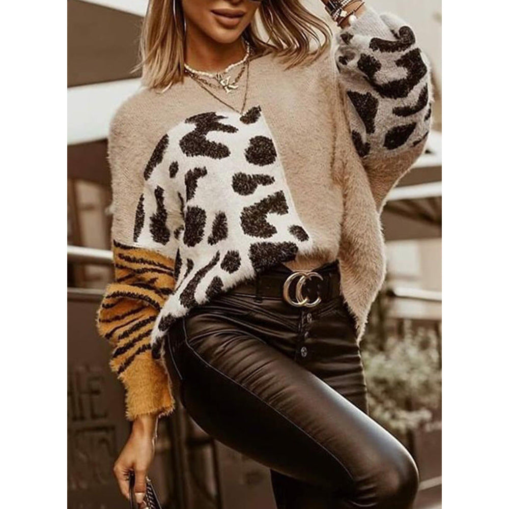Leopard Print Long-sleeved Woolen Knitted Top Women Sweater
