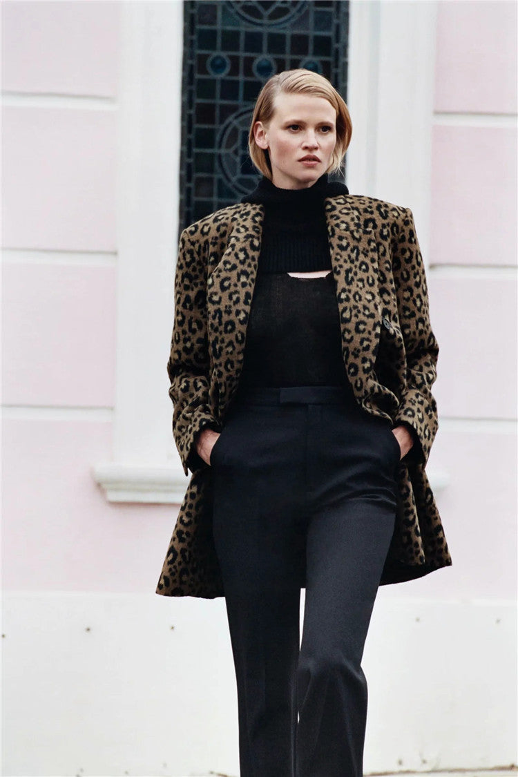 Sexy leopard print European and American style casual simple mid-length woolen jacket