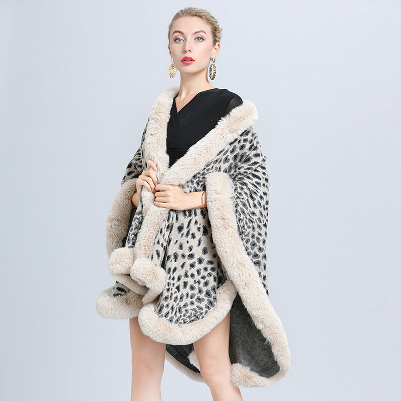 New Faux Fur Collar Leopard Print Jacquard Knitted Cardigan Shawl