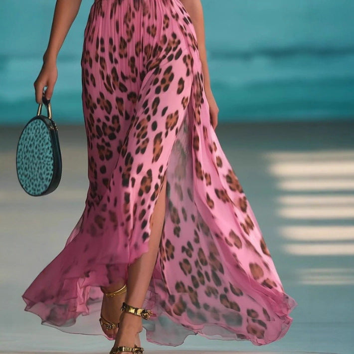 Leopard Print V-neck Waist-controlled Slimming Temperament Camisole Dress for Her