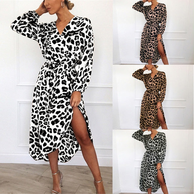 Leopardenmuster Kleid mit V-Ausschnitt und hoher Taille aus Spitze