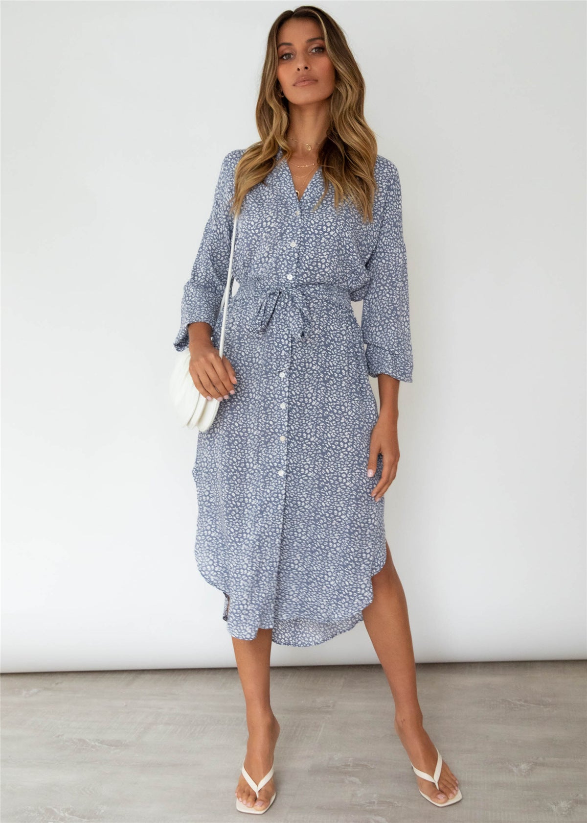 New Long Sleeve Leopard Print Shirt Split Long Sleeve Dress
