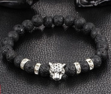 Leopard Round Bead Armband Herrenarmband Perlen Vulkanstein