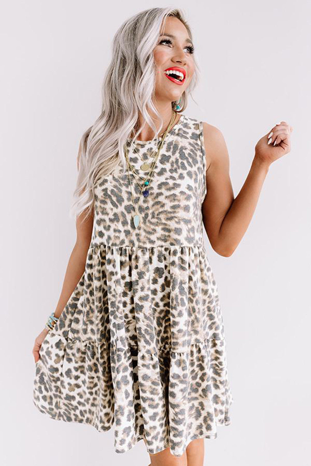 Damenmode Leopard Splicing Rundhalsausschnitt Lose Kleid