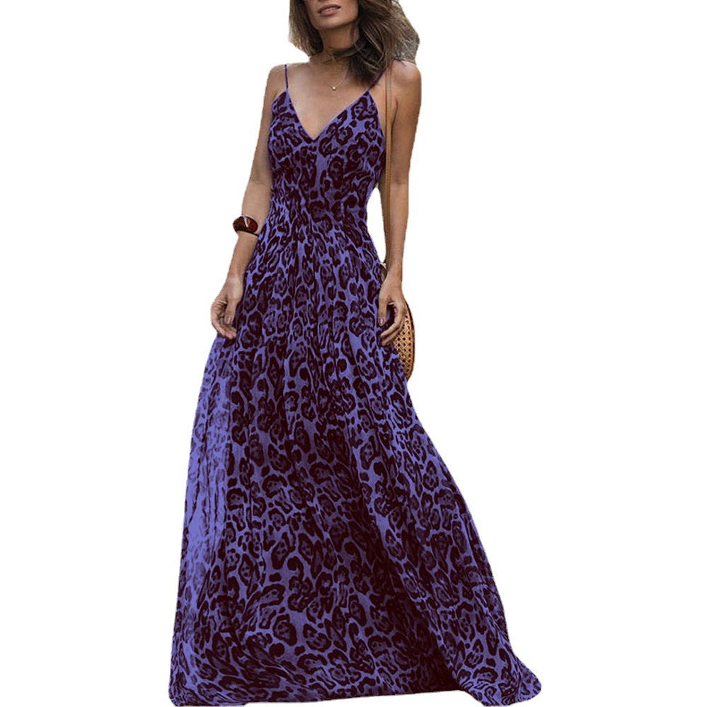 New Style Women's European And American Fashion Leopard Print V-neck Backless Dress With Suspenders