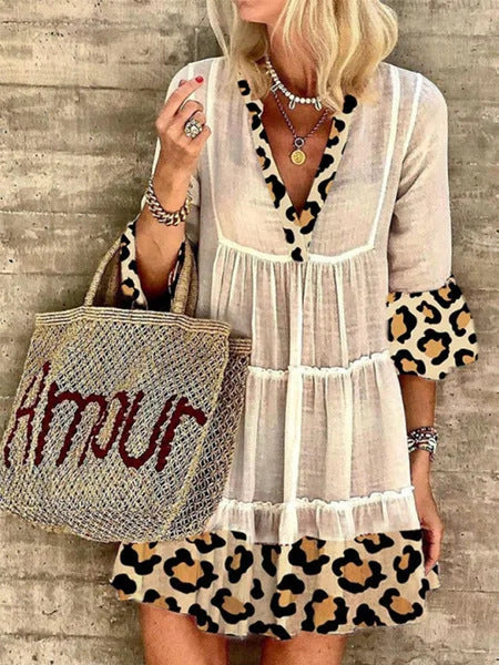 New Style Ladies Fashion Leopard Stitching Cotton And Linen Dress In Europe And America