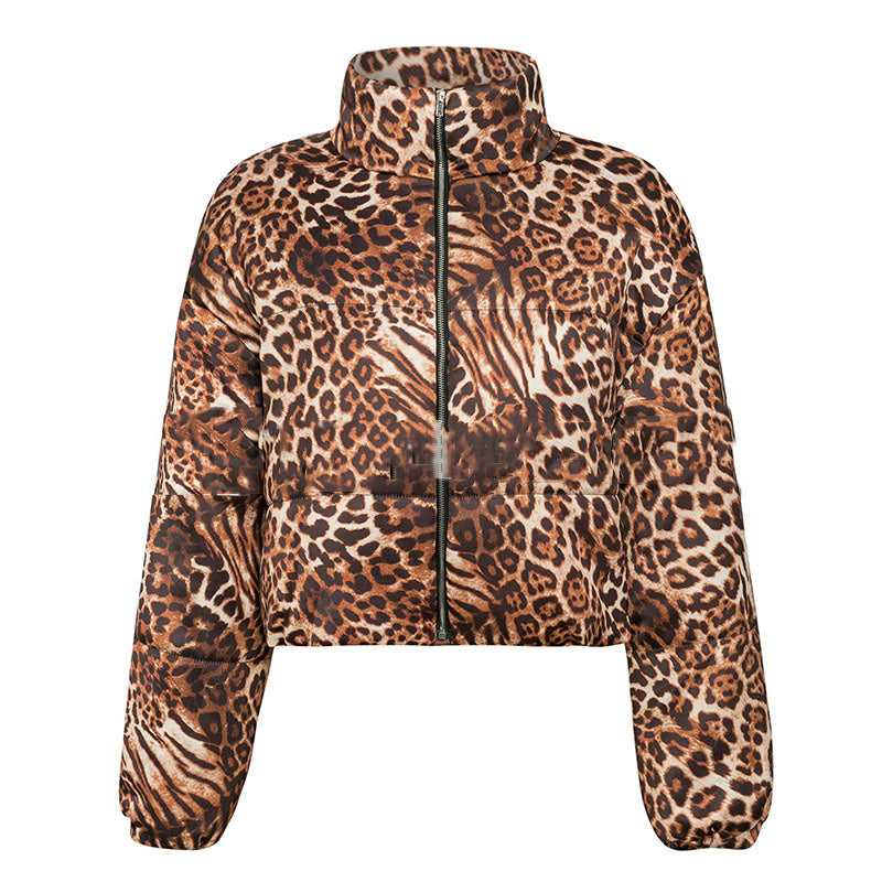 Leopard print high neck warm short coat