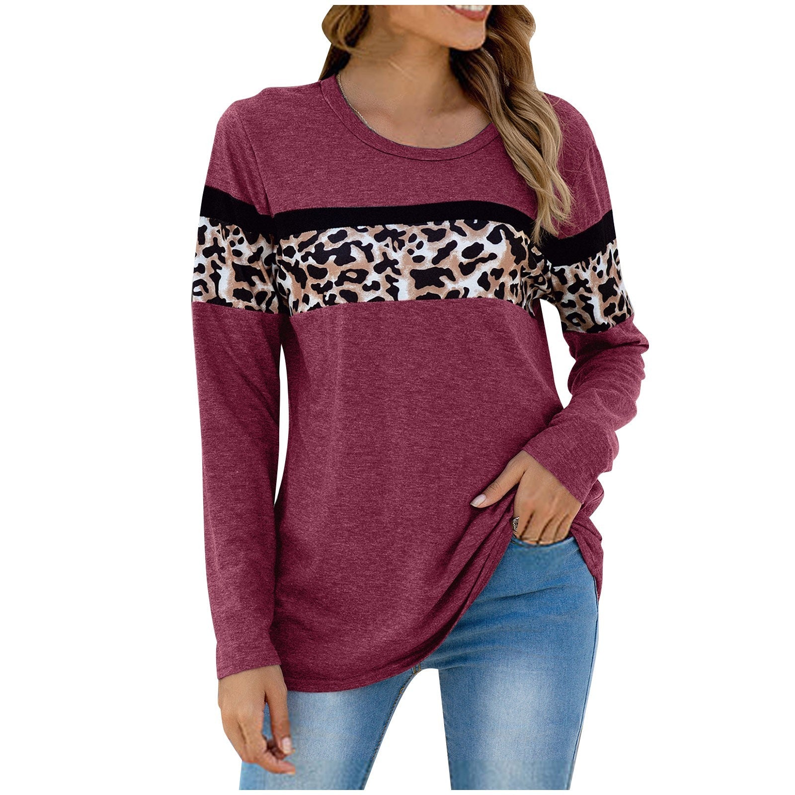Langarm-T-Shirt mit Leopard Style und Nähten