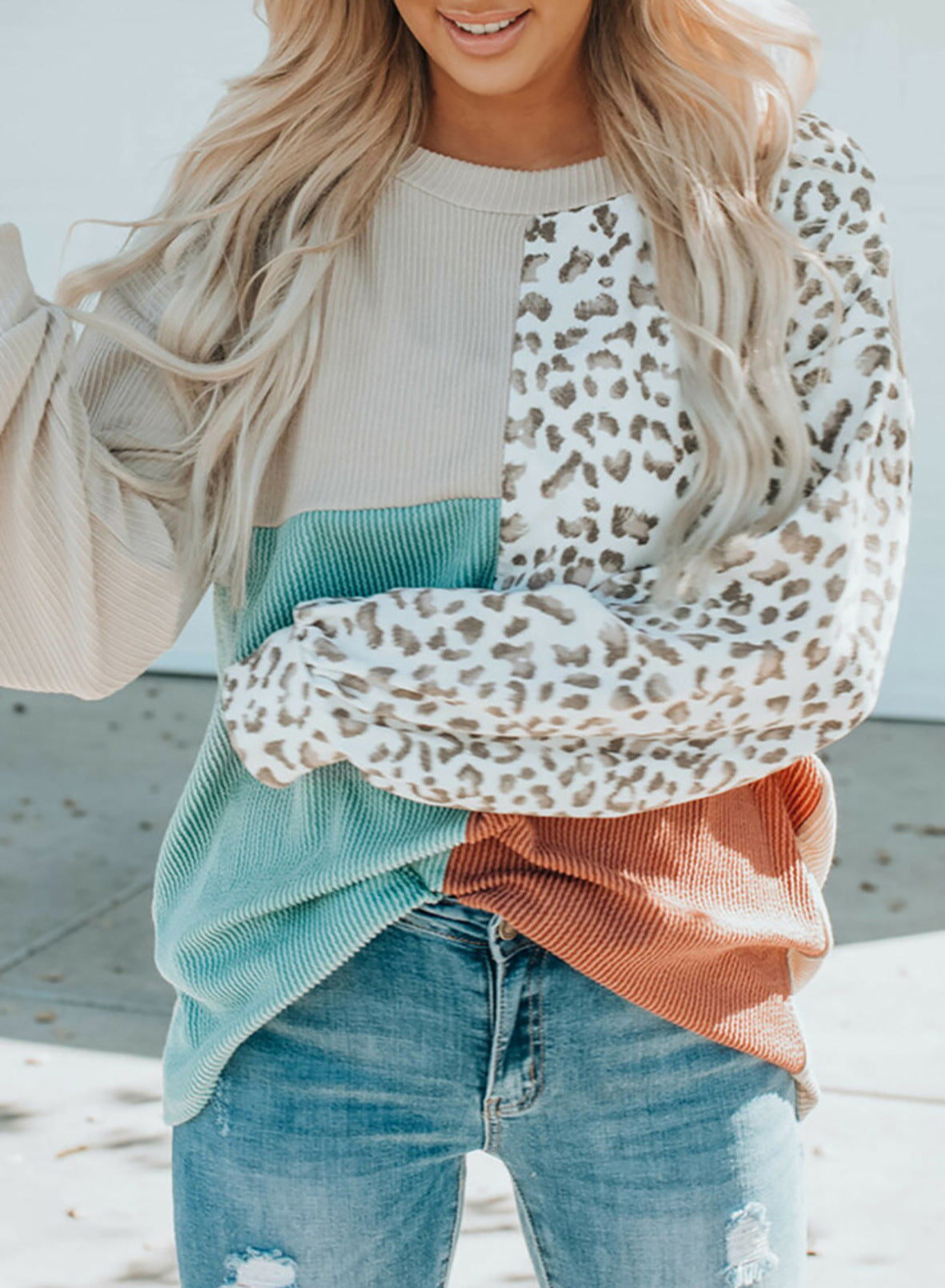 New Foreign Trade Contrast Color Top For Women Spring And Autumn New Leopard Print Round Neck Long Sleeve Sweater For Women