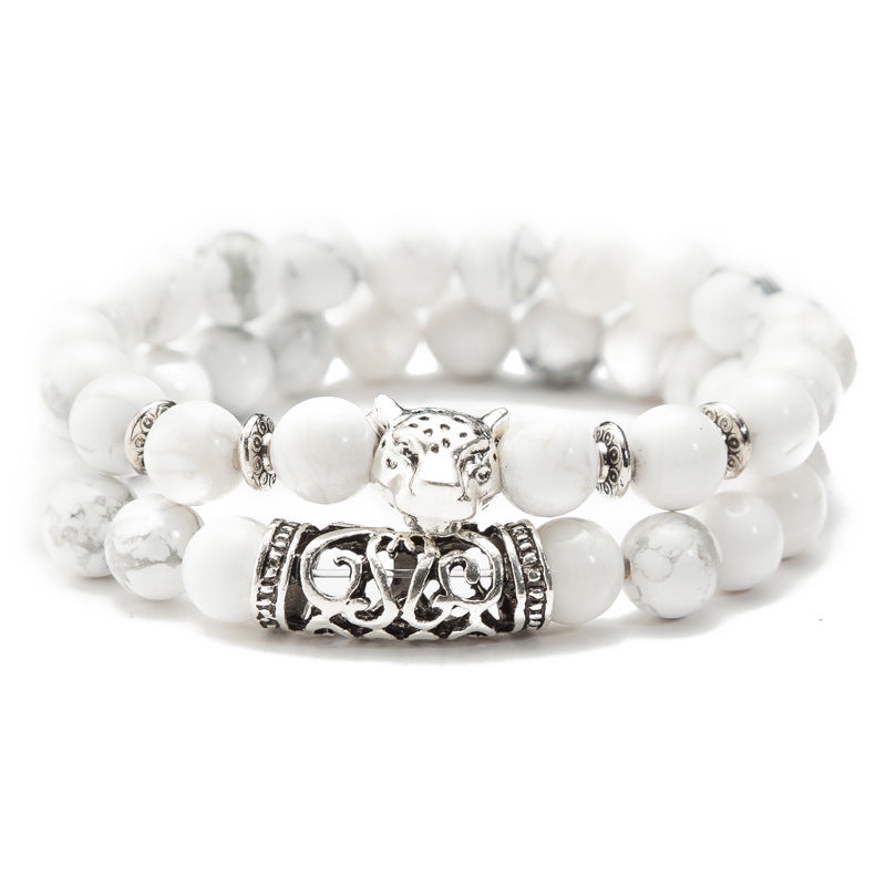 Achat Perlen Ornament Lava Vulkanstein Leopard Kopf Set Armband