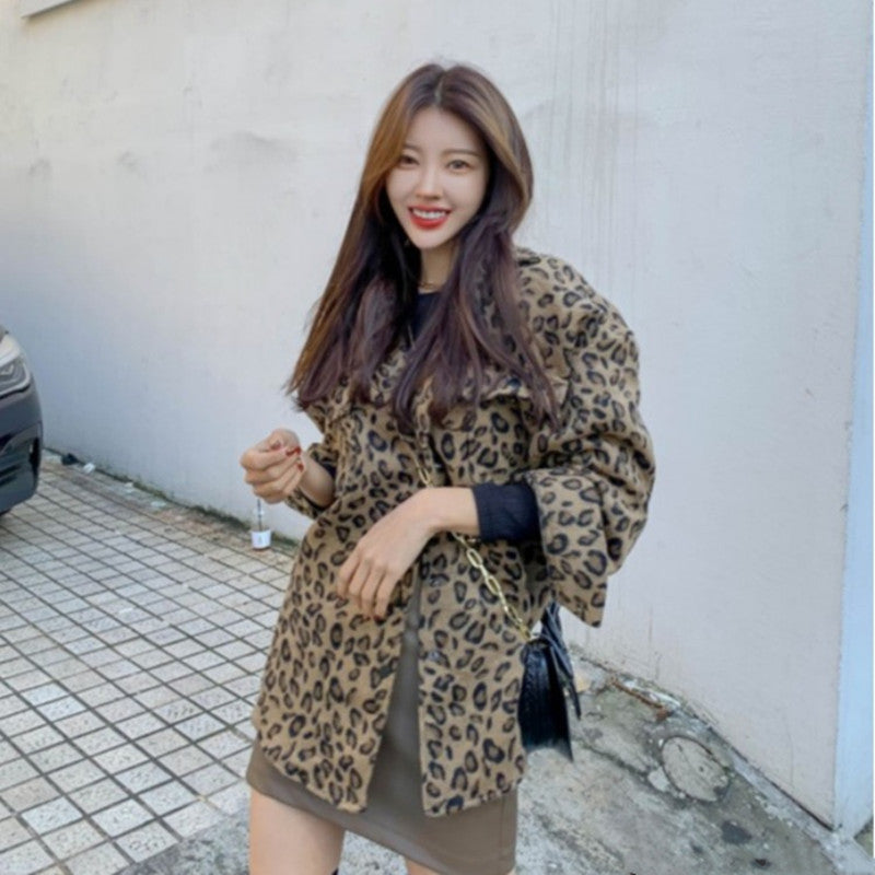 Autumn New Style Women's Woolen Shirt And Leopard Print Jacket