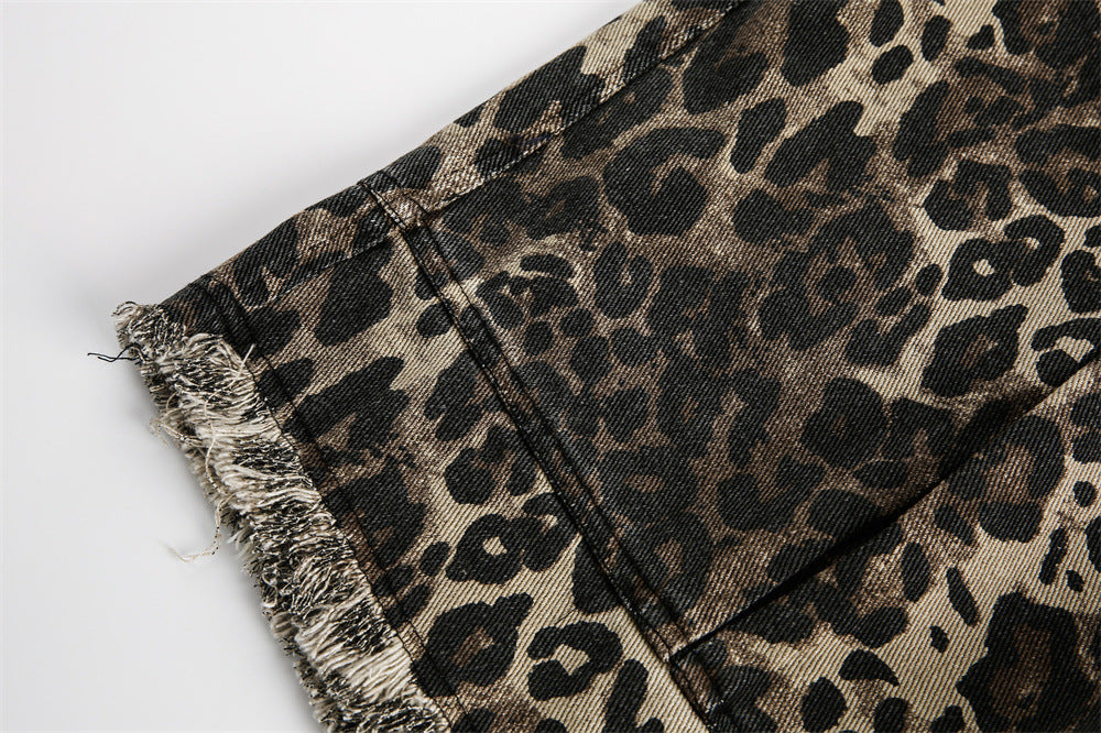 Ausgefranste Denim-Shorts mit Leopardenmuster für Männer Loose