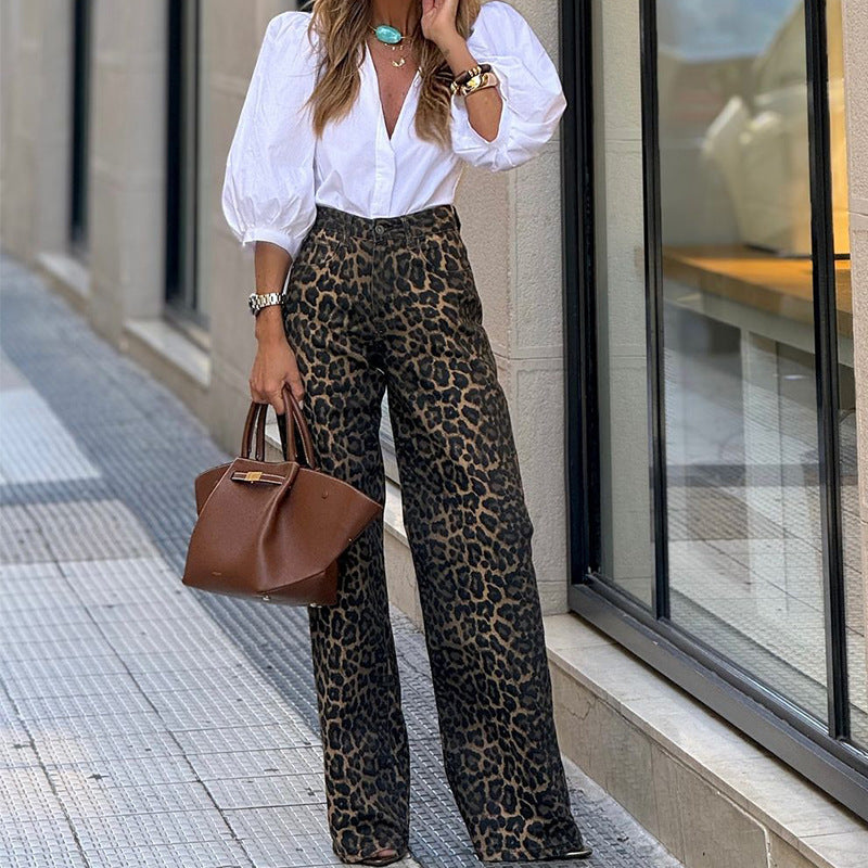 Women's Fashion Temperament Leopard Print Straight Casual Trousers