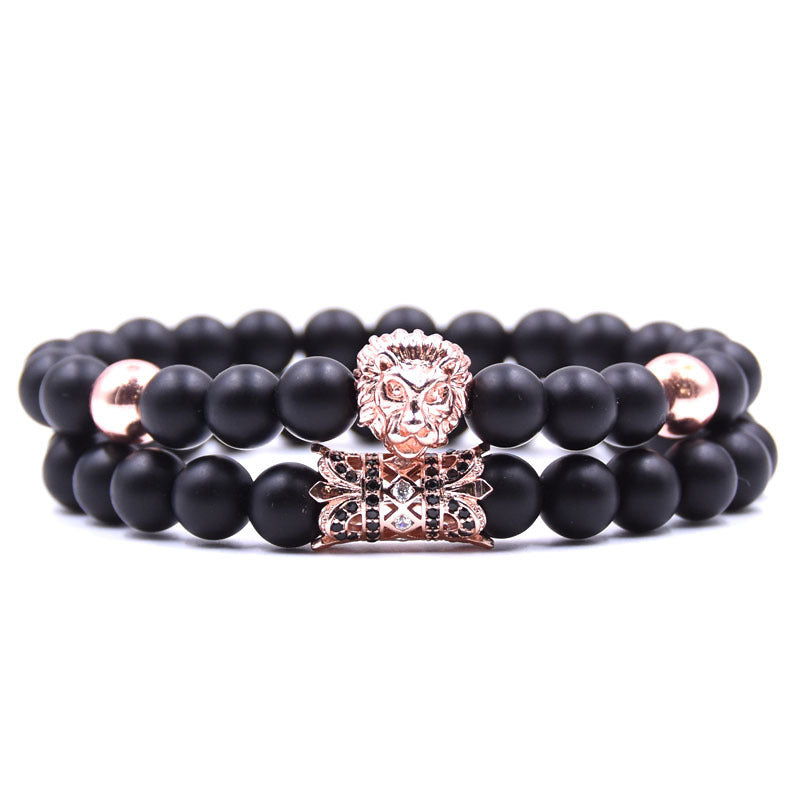 2 Stück Set von Beast King Lion Head Armband schwarz natürlichen matten Micro-inlaid Zirkon Paar Armband Set Herrenschmuck