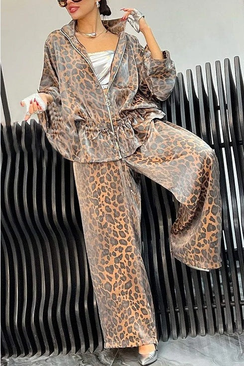 European And American Lapel Waist Drawstring Long Sleeve Leopard Print Casual Suit