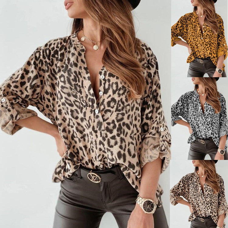 Long Sleeve Leopard Print Single-breasted Cardigan Blouse