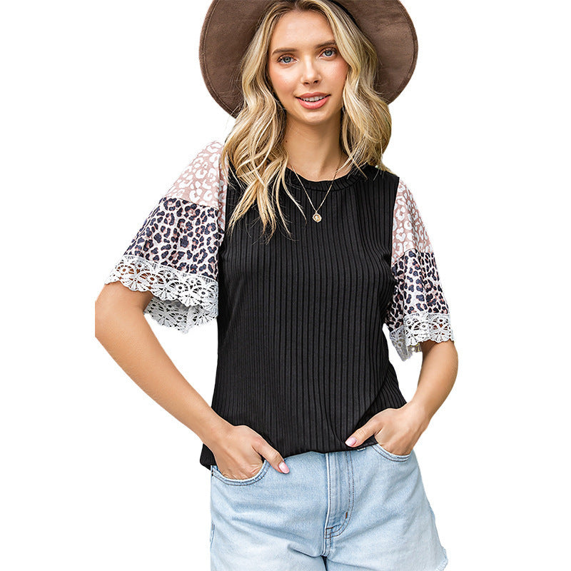 Rundhalsausschnitt Halbe Ärmel Lose Top Sommer Neue Mode T-Shirt mit Leopard style elements und Spitze