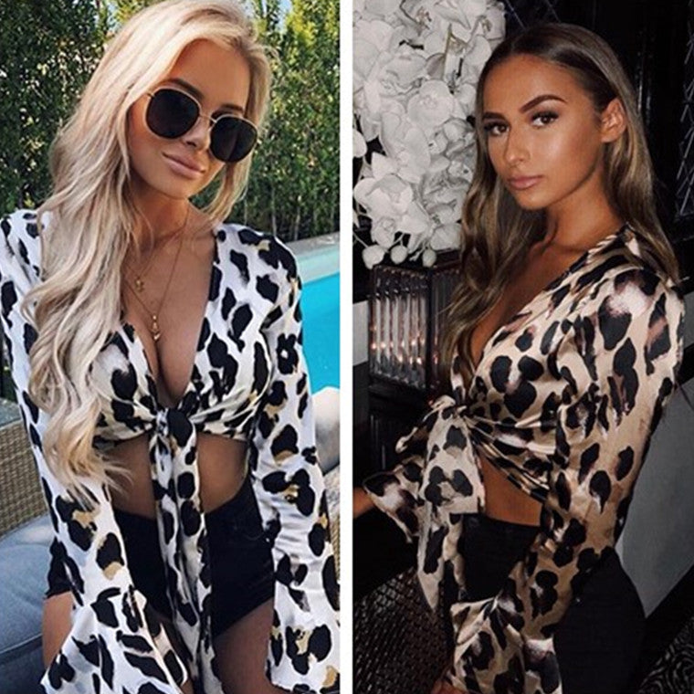 Europe and the United States AliExpress Amazon explosion models eBay foreign trade fashion leopard deep V bow tie trumpet sleeves shirt