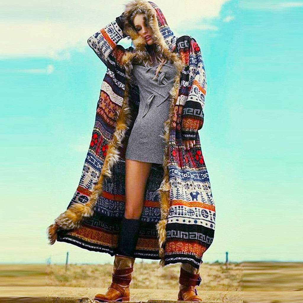 Real Leopard Fur Collar Printed Long Sleeve Ladies Long Trench Coat