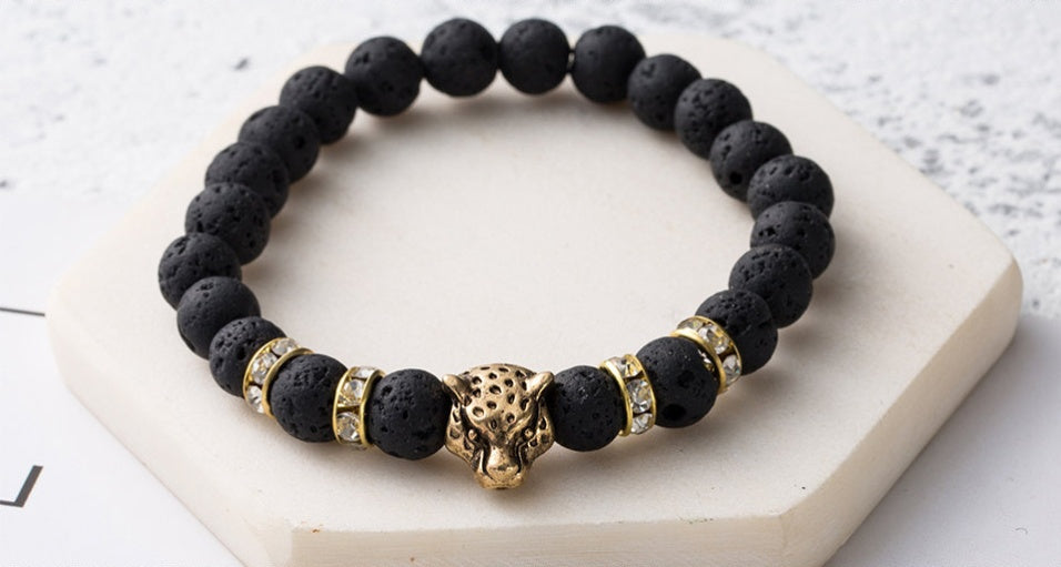 8mm Naturstein Lava Stein Perlen Armband für Männer Leopard Kopf Leopard Anhänger Charme Armband handgemachten Schmuck