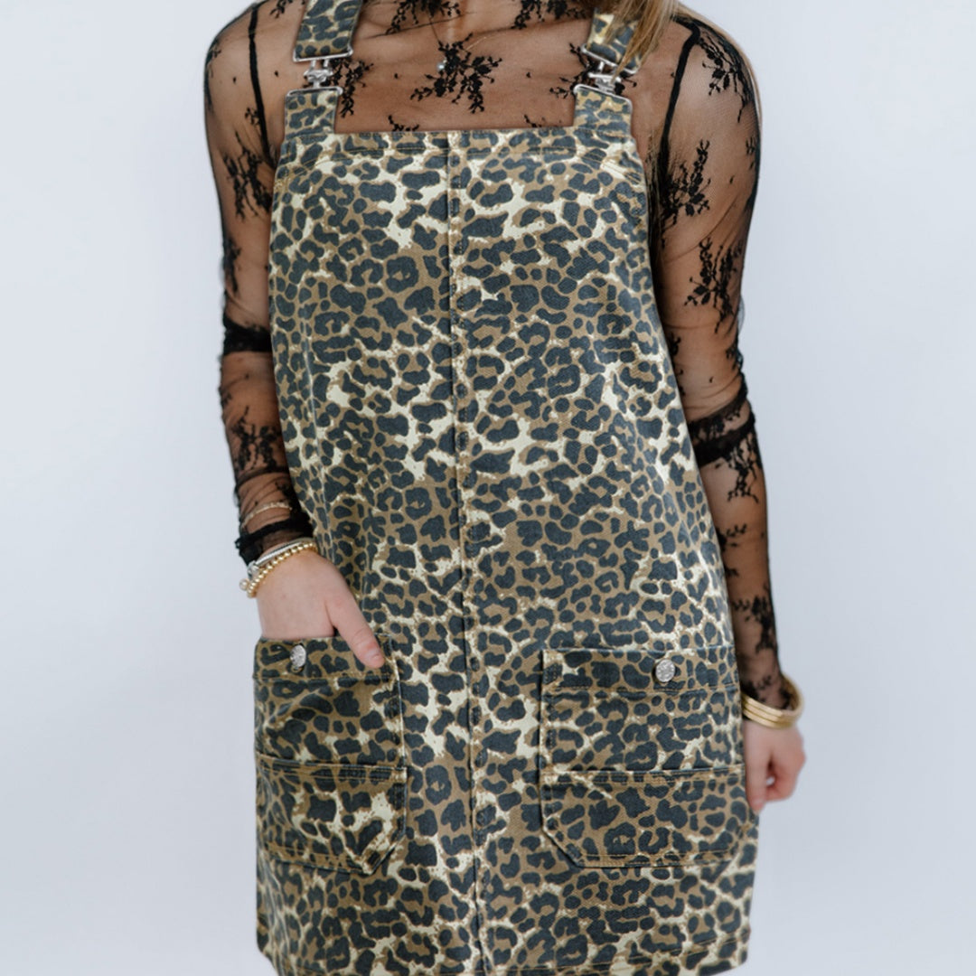 Gray Leopard Print Pocketed Loose Fit Denim Overall Dress