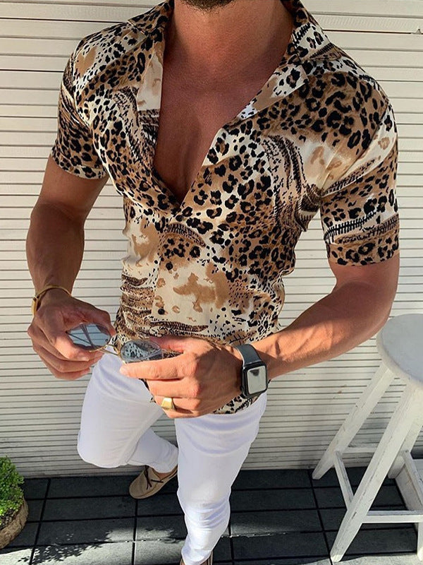Neue Leopard Print Sexy Männer Anzug Kragen Kurzarmhemd